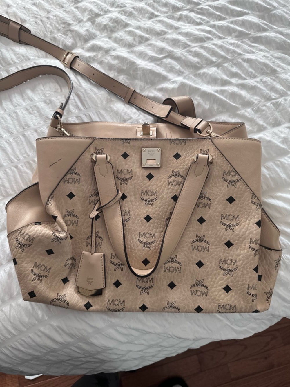 MCM Beige Visetos Logo Tote with Adjustable Strap